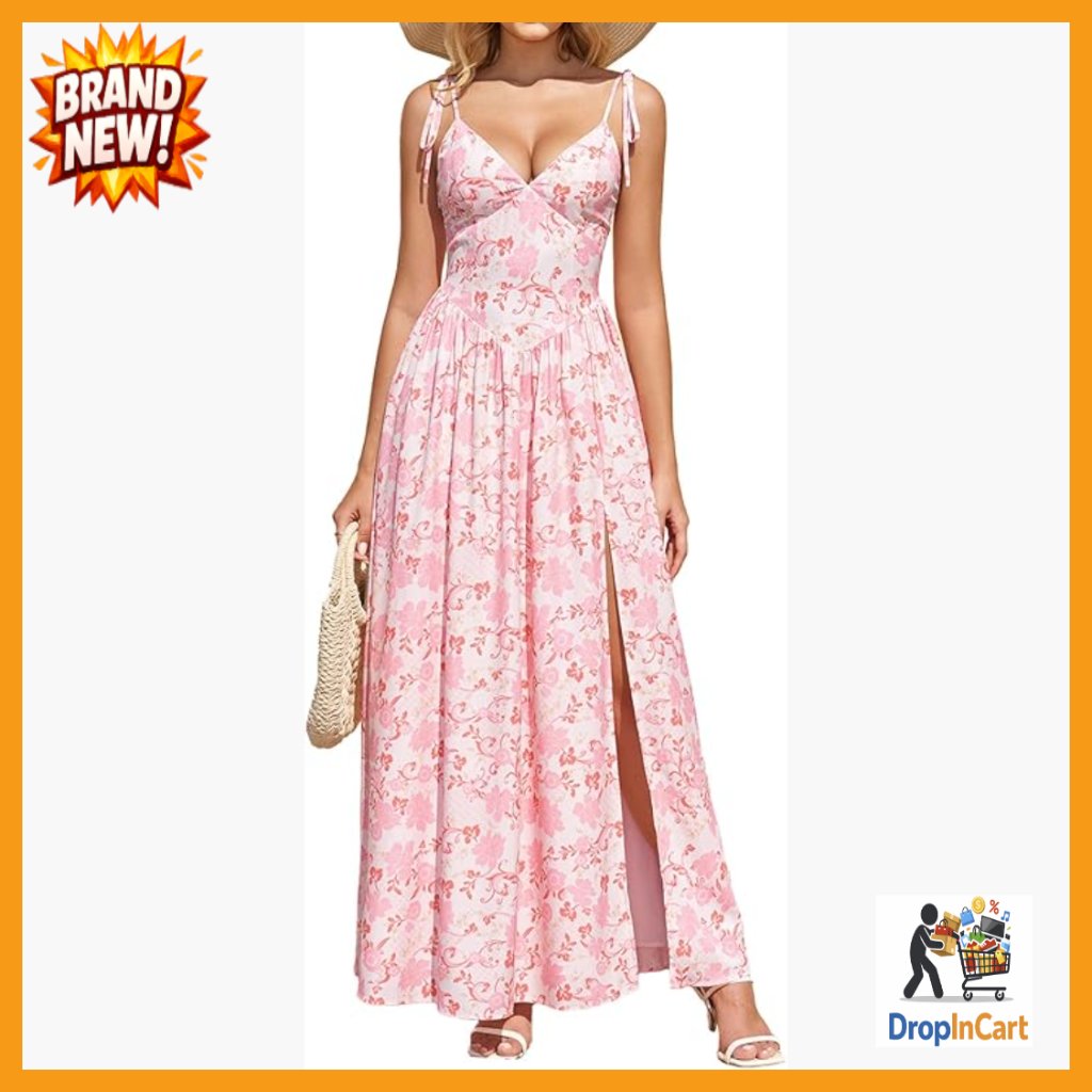 Floral V Neck Maxi Dress Lace Up Slit Flowy Boho Summer Beach Wedding Guest
